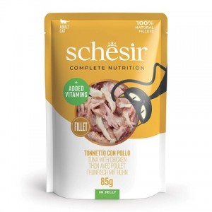 100% Натуральный влажный корм для кошек с тунцом и курицей «Schesir» кусочки филе курицы и рыбы в желе | узнать больше 100% Натуральный влажный корм для кошек с тунцом и курицей «Schesir» кусочки филе курицы и рыбы в желе | узнать больше